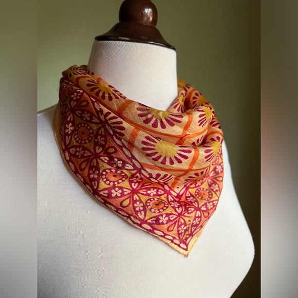 Summer Silk Scarf, Bright Floral Print, Hand Rolled Edges, Batik Square Scarf - Picture 5 of 11